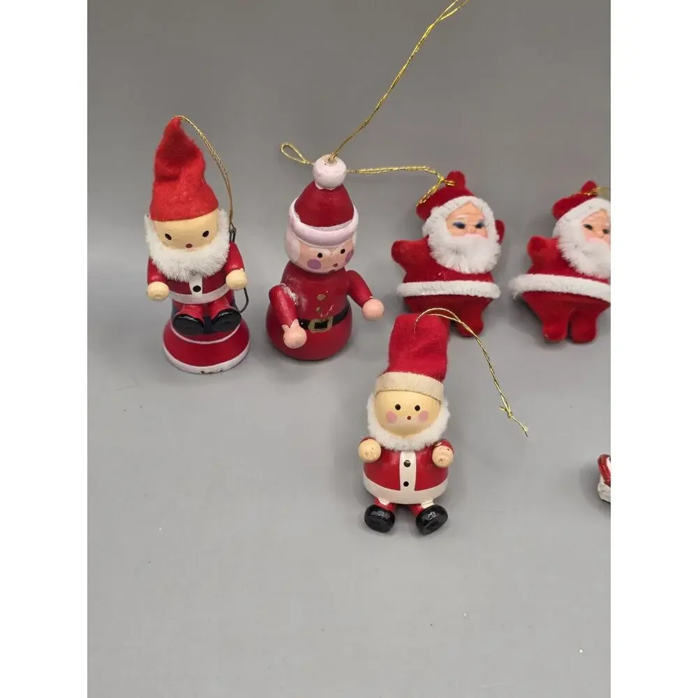 7pc Vintage Santa Christmas Ornaments Miniature Wooden Hand Painted Flocked MCM